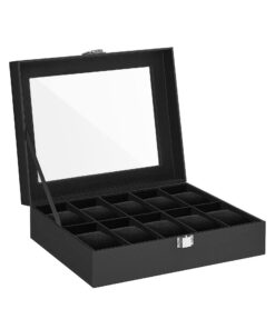 SONGMICS Boîte à Montres à 10 Emplacements - Écrin en Noir avec Couvercle en Verre, Serrure Métallique et Coussinets Amo