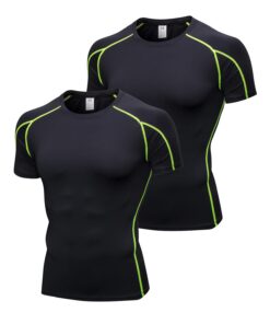 Ruowuhen T-Shirt compression homme manches courtes pour running et musculation - Haut de course - 2 pièces - Noir