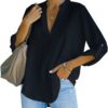 Chemisier élégant à col en V Henley pour femme | Robustesse et confort | Taille ample avec manches enroulables