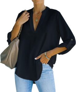 Chemisier élégant à col en V Henley pour femme | Robustesse et confort | Taille ample avec manches enroulables