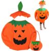 Costume de Citrouille Orange pour Enfant Halloween + Déguisement Halloween Citrouille avec Chapeau et Sac Bonbons + Cost
