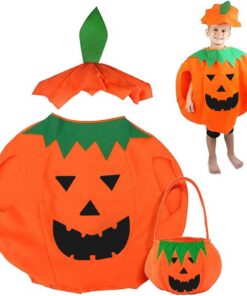 Costume de Citrouille Orange pour Enfant Halloween + Déguisement Halloween Citrouille avec Chapeau et Sac Bonbons + Cost