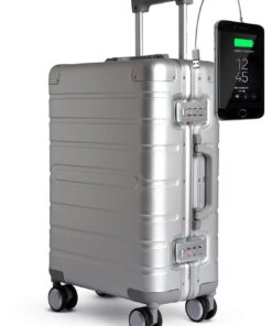 Valise cabine aluminium argentée Tokyoto pour voyageurs adolescents 55x35x20 cmavec USB et roues doubles Silver Logo