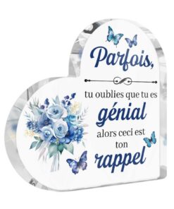 Putuo Decor - Panneau Cœur Acrylique Bleu Papillon et Fleurs – Message Tu ES Génial – Décoration de Table – Motivation