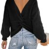 CUPSHE Pull à col Rond en Tricot côtelé avec Dos torsadé et Manches Longues pour Femme Noir Taille S