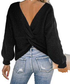 CUPSHE Pull à col Rond en Tricot côtelé avec Dos torsadé et Manches Longues pour Femme Noir Taille S