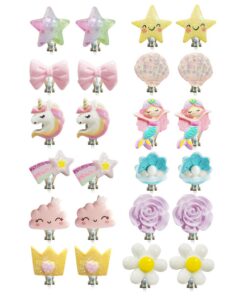 NyxSeat Lot de 12 Paires de Boucles d'Oreilles à Clips pour Enfants - Motifs Mignons de Dessin Animé, Fleurs et Princess