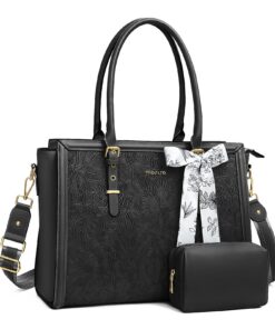Sac Ordinateur MOSISO Femme 17-17,3 Pouces Noir, Compatible MacBook,HP,Dell,Asus, Design Rétro Hibiscus Gaufréavec Échar