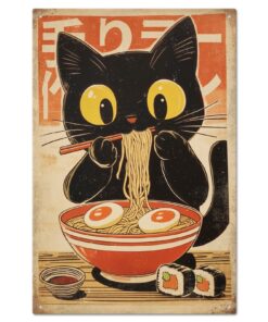 GLOBLELAND Plaque en Métal Vintage Chat Ramen Japonais Amusante pour Bar Café Club Decoratif