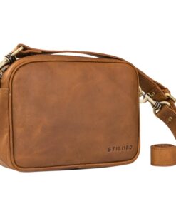 STILORD Sac à bandoulière Femme Cuir Véritable Cognac Marron Mode Large Sangle Vintage Fonctionnelle Petit Sac à Porter