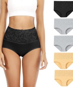 Senllori Lot de 5 sous-vêtements taille haute en coton pour femme avec contrôle du ventre multi-colorié
