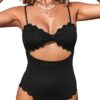 CUPSHE Maillot de Bain 1 Pièce Femme Texturé à Découpes Festonnés Élégant pour Plage et Piscine Confortable Taille Uniqu