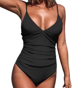 CUPSHE Maillot de Bain Une PièceProfond Col en V Spaghetti Bretelles RéglablesFroncé Devant et Bas du Dos pour Femme