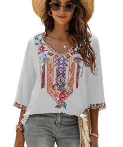 Chemise Broderie Drakloak Femmes Bohème Floral Motif Loose Top Manches Courtes Scene Folklore
