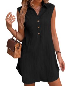 CUPSHE Mini robe d'été encolier V sans manches boutons devant ourlet incurvé femme