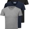 JACK & JONES Lot de 3 T-Shirts à Col V Slim Fit pour Homme - Couleurs Unies (Blanc, Noir, Bleu, Gris)