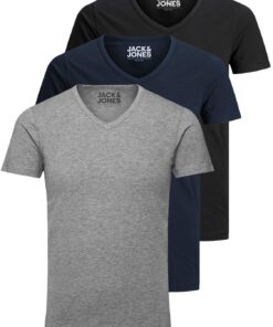 JACK & JONES Lot de 3 T-Shirts à Col V Slim Fit pour Homme - Couleurs Unies (Blanc, Noir, Bleu, Gris)