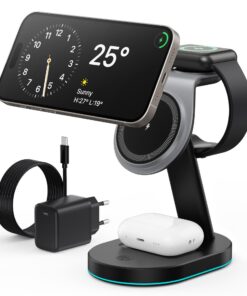 Chargeur Induction 3 En 1 Qi2-Certifié 15W Mag-Safe Sans Fil Noir pour iPhone 16/15/14/13/12 Série, Apple Watch et Airpo