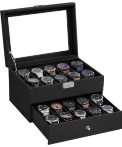 20 Compartiments Boîte à Montres avec Couvercle en Verre, Écrin à 2 Niveaux pour Femmes, Coffret à Bijoux Organisé JWB02