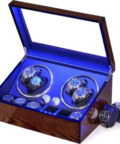 BEWISHOME Remontoir de Montre Automatique ESYQ01Y - 4 Remontoirs, 6 étuis de Rangement, Moteur Silencieux & Lumière LED