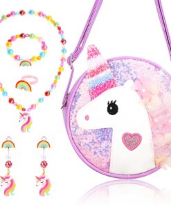 Licorne Sac a Main Enfants Fille Cadeau Anniversaire Bijoux Set -L8A Bijoux Set Licorne Collier Bracelet Bague Enfants