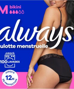 Culottes Always Bikini Réutilisable M Taille 40-42 Protection Moyenne Noir Jusqu'à 100 Lavages