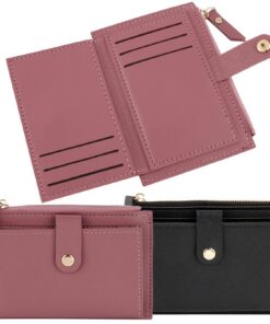 COLOFALLA Porte Monnaie en Cuir PU 6 Compartiments pour Femme et Homme Cadeau Noël (Rose et Noir)