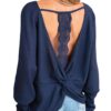 CUPSHE Chemisier noué à manches longues et col rond en tricot pour femme - Chic et confortable - Idéal pour le travail -