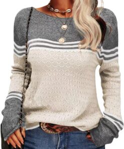 Pullover pour Femme en Laine Rayé Manches Longues Élégant Automne Hiver Col Rond