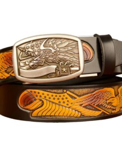 Ceinture à cliquet en cuir de vachette pour homme - 35 mm de large, motif aigle, réglable en taille avec boucle coulissa