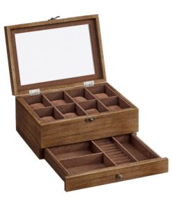 SONGMICS Boîte à Montres en Bois, Écrin Élégant 8 Emplacements, Doublure en Velours, Couvercle en Verre, Couleur Noisett