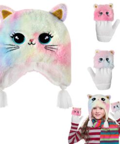 Chat Ensemble Bonnet et Gants Fille Hiver, Accessoires Chaud D'Hiver pour Enfants de 3 à 10 Ans, Bonnets et Mitaines Ore