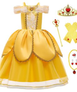 Robe de Princesse Bella Fille Halloween Noël Carnaval Couronne Collier Baguette Voiture Panier Cadeau Déguisement pour E