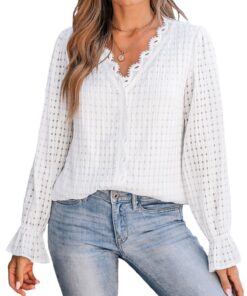 Chemisier à manches longues en dentelle pour femme - Manches bouffantes, col en V - Élégant et tendance