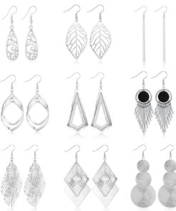Hifot 9 Paires Boucles d'Oreilles Femme Argent : Grande Taille, Feuille SpiraleTriangle Boucles d'Oreilles Péndentes pou