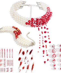Hifot 5 Pièces Bijoux Halloween Femme Cicatrice Tatouage Gothique Collier Blood Perle Bracelet Boucles D'Oreilles Access