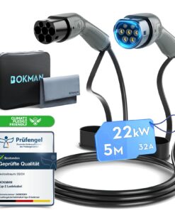 Bokman Câble de Recharge Type 2 pour Voiture Électrique (22 kW, 5 mètres), Charge Rapide et Sécurisée IP55 Étanche – Com