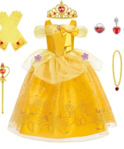 BSBUY Déguisement de Princesse Belle Robe avec Accessoires pour Enfant pour Anniversaire et Fête Cosplay