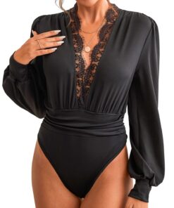 CUPSHE Body en dentelle pour femme – Col V plongeant, manches longues, confortable et élégant