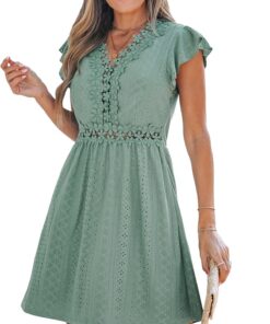 CUPSHE Robe d'été femme, col V, dentelle, manches courtes, robe de plage, robe mini, mode été, robe légère, tendance pla