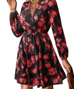 CUPSHE Mini Robe D'été à Volants Pour Femme - Taille Élastique Confort - V-Neck Long Sleeves - Robe Fluide Femme Été Aut