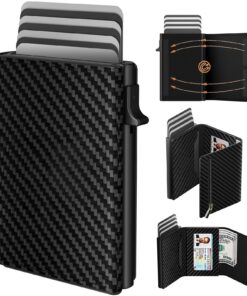 Portefeuille Homme Cuir Carbone avec Fermeture Magnétique, Porte Cartes 14 Cartes + Poche à Monnaie, Portefeuille Pop Up