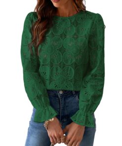 CUPSHE Chemisier élégant pour femme avec col rond et découpes florales, manches longues avec poignets élastiques
