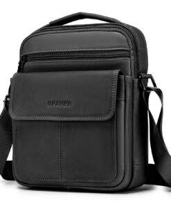 SPAHER Sac Bandoulière Homme en Cuir Véritable Grand Noir pour Voyage et Affaires