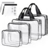 Sweelov Lot de 4 trousses de toilette transparentes en PVC épais - Étanche - Avec 2 poches pour liquides - Bagage à main