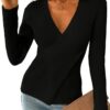 CUPSHE Pull tricoté Col V Noir S pour Femme décontracté Look Portefeuille