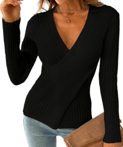 CUPSHE Pull tricoté Col V Noir S pour Femme décontracté Look Portefeuille