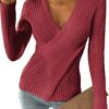 CUPSHE Pull Tricoté Bordeaux Femmes XL Look Portefeuille Manches Longues Col En V