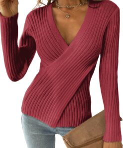 CUPSHE Pull Tricoté Bordeaux Femmes XL Look Portefeuille Manches Longues Col En V