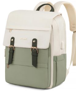 LOVEVOOK Sac à Dos Portable Beige et Vert 15,6" pour Femme Voyage et TravailVintage Mode Bagage à Mainenseignant